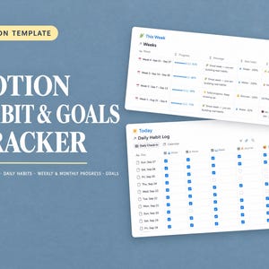 Op de afbeelding: Een Notion-sjabloon voor een gewoonte- en doelen-tracker op een blauwe achtergrond. De tekst luidt Notion Template, Notion Habit & Goals Tracker, Dashboard, Daily Habits, Weekly & Monthly Progress, Goals en Free Notion Account.