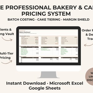 Panel de control de Cottage Baker: Cálculo de costes de recetas, seguimiento de pedidos, calculadora de precios (Excel)