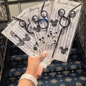 May include: Four Disney Cruise 2026 bubble wands in clear plastic packaging. Each wand features a black Mickey Mouse ear silhouette at the top, a white and gray striped backing card, and a small black and white sticker of Mickey Mouse.