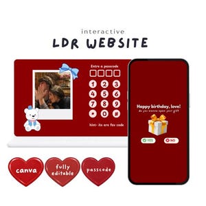 Puede incluir: Una plantilla de sitio web LDR interactiva mostrada en una pantalla de portátil y smartphone con fondo rojo oscuro. La interfaz incluye un marco de fotos, un teclado numérico, un oso de peluche blanco y un icono de regalo con el texto Happy birthday, love!