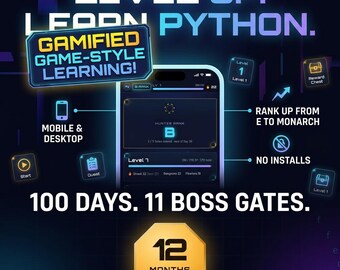 Gamified Python Learning App | 100-Day Challenge, 12 Months Access (Digital Download)