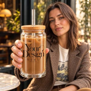 May include: A clear glass tumbler with a bamboo lid and a glass straw, filled with an iced beverage. The front of the glass features the black text Your Design Here. The cylindrical glass has a wide mouth and a smooth, transparent finish.
