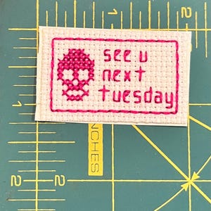 May include: A small, rectangular cross-stitch piece with a white background and a pink border. The design features a skull and the words "see u next tuesday" in pink thread. The piece is placed on a green cutting mat.
