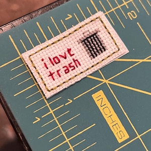 I Love Trash Garbage Can Cross Stitch Mini Iron On Patch