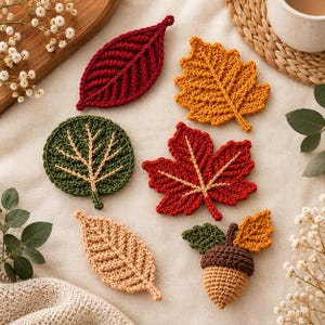 May include: A collection of six crocheted items shaped like autumn foliage and an acorn. The set includes a dark red elongated leaf, a yellow jagged leaf, a round green leaf, a red maple leaf, a beige leaf, and a brown acorn with two small leaves.