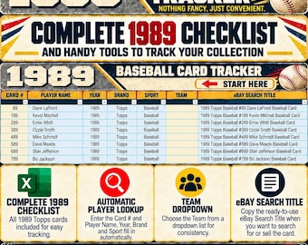 Könnte beinhalten: Eine digitale 1989 Baseball-Karten-Tracker-Tabelle mit Checkliste, Spielersuche, Team-Dropdown und eBay-Suchtiteln. Die Grafik enthält Baseball-Bilder, Textüberschriften sowie Symbole für Excel, Suche, Teams und Dokumente.