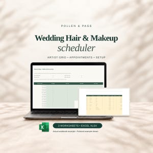 Könnte beinhalten: Ein digitaler Hochzeits-Planer für Haare und Make-up von Pollen & Page auf einem Laptop- und Tablet-Bildschirm. Die Benutzeroberfläche bietet ein Künstler-Raster, Termine und Einrichtungs-Tabs. Enthält 3 Arbeitsblätter im Excel XLSX-Format mit fiktiven Beispieldaten.