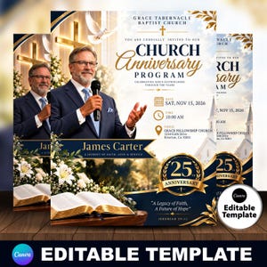 Church Anniversary Program Flyer, Pastoral Flyer, Pastoral Program, Pastor Program Church Service, Navy Blue Gold Editable Canva Template