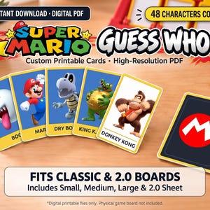 May include: Super Mario Guess Who custom printable cards featuring characters like Boo, Mario, Dry Bones, King K. Rool, and Donkey Kong. The set includes 48 cards with a red M logo on the back, designed to fit classic and 2.0 game boards.