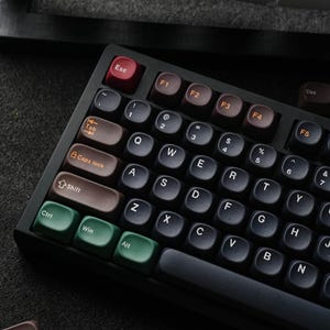 Puede incluir: Un teclado de ordenador mecánico con marco negro y teclas redondeadas. La disposición incluye teclas alfanuméricas gris oscuro, teclas modificadoras marrones a la izquierda, una tecla Esc roja y teclas Ctrl, Win y Alt verdes con texto en blanco y naranja.