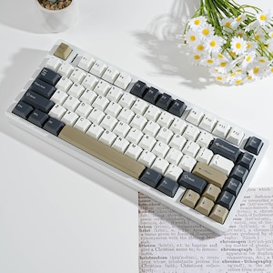 Könnte beinhalten: Eine mechanische Tastatur mit weißem Rahmen und einem Tasten-Set in den Farben Weiß, Dunkelgrau und Beige. Das Layout umfasst Standard-Buchstabentasten, eine Funktionsreihe sowie Navigationstasten mit schwarzer Beschriftung.