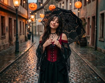 Gothic Witch Dress for Women, Butterfly Sleeve Mesh Medieval Vampire Costume | High Low Corset Halloween Outfit 2026