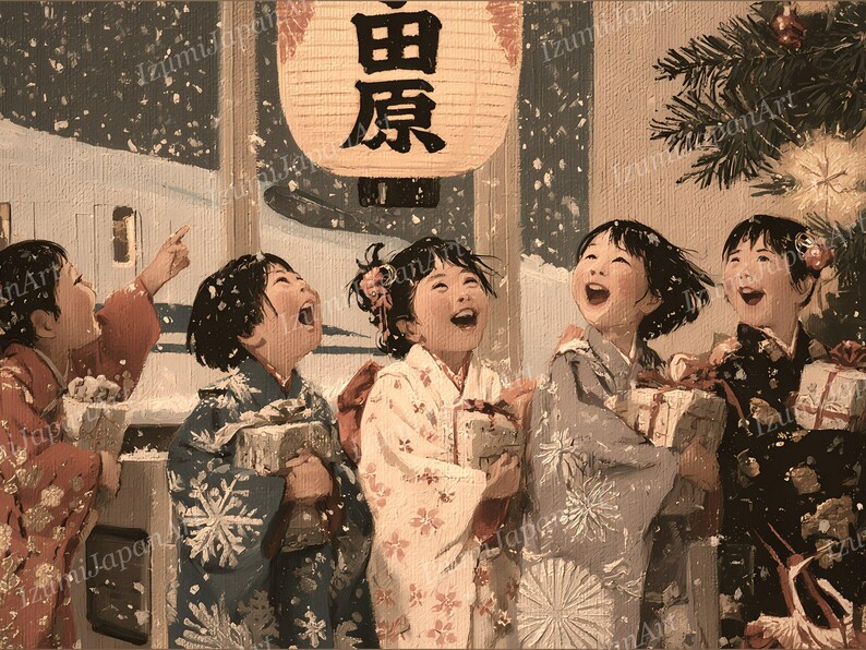 Peut inclure: Une peinture repr&eacute;sentant cinq enfants en kimonos &agrave; motifs tenant des cadeaux emball&eacute;s, regardant une grande lanterne en papier lumineuse avec les caract&egrave;res japonais 田原, sur un fond enneig&eacute; avec des branches de pin.