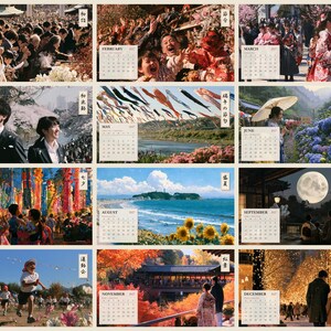 Peut inclure: Un calendrier mural 2027 compos&eacute; de douze pages mensuelles, chacune pr&eacute;sentant une photographie unique de paysages saisonniers, de festivals culturels et de sc&egrave;nes de la vie quotidienne au Japon, avec une grille de dates pour chaque mois.