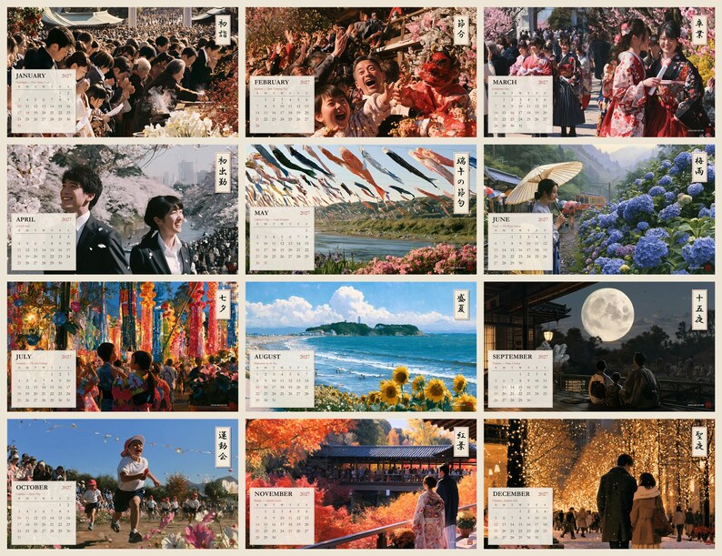 Peut inclure: Un calendrier mural 2027 compos&eacute; de douze pages mensuelles, chacune pr&eacute;sentant une photographie unique de paysages saisonniers, de festivals culturels et de sc&egrave;nes de la vie quotidienne au Japon, avec une grille de dates pour chaque mois.