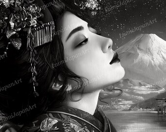 Puede incluir: Una ilustración digital en blanco y negro que muestra el perfil de una persona con adornos elaborados en el cabello y una prenda estampada. Al fondo, una montaña nevada se alza sobre un lago con una puerta torii cerca de la orilla.