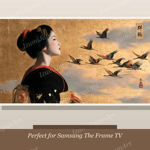 May include: A rectangular digital art print featuring a profile view of a person with dark hair styled in an updo, wearing a black garment with red accents. The background displays a golden textured sky with a flock of flying cranes and Japanese text.