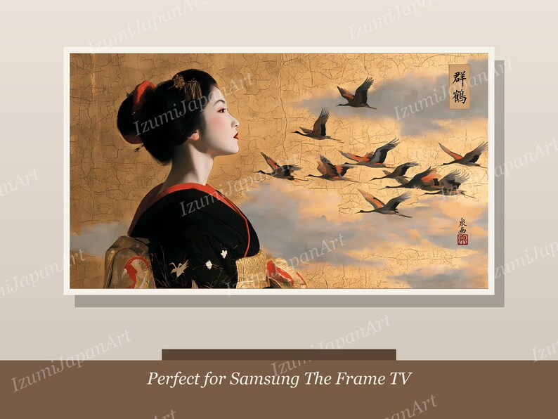 May include: A rectangular digital art print featuring a profile view of a person with dark hair styled in an updo, wearing a black garment with red accents. The background displays a golden textured sky with a flock of flying cranes and Japanese text.