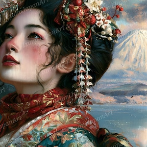 Puede incluir: Una pintura al &oacute;leo de una persona con cabello oscuro recogido en un mo&ntilde;o adornado con flores rojas y blancas. La persona viste una prenda con motivos rojos y verdes. Al fondo, una monta&ntilde;a nevada se alza sobre una masa de agua.