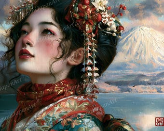 Geishas japonaises d'hiver originales, 120 peintures à l'huile en kimono avec le mont Fuji, encadrées TV Art