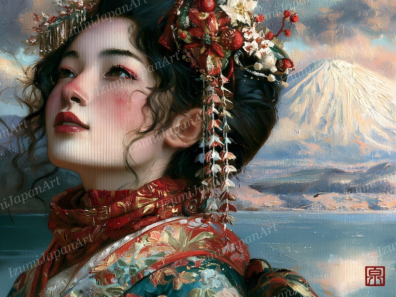 Puede incluir: Una pintura al &oacute;leo de una persona con cabello oscuro recogido en un mo&ntilde;o adornado con flores rojas y blancas. La persona viste una prenda con motivos rojos y verdes. Al fondo, una monta&ntilde;a nevada se alza sobre una masa de agua.