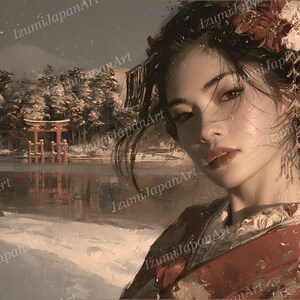 Peut inclure: Une peinture num&eacute;rique repr&eacute;sentant une personne aux cheveux sombres orn&eacute;s d'accessoires floraux rouges et blancs, v&ecirc;tue d'un v&ecirc;tement rouge &agrave; motifs. L'arri&egrave;re-plan montre un paysage enneig&eacute; avec un torii rouge dans une eau calme.