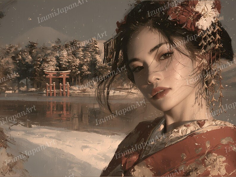 Peut inclure: Une peinture num&eacute;rique repr&eacute;sentant une personne aux cheveux sombres orn&eacute;s d'accessoires floraux rouges et blancs, v&ecirc;tue d'un v&ecirc;tement rouge &agrave; motifs. L'arri&egrave;re-plan montre un paysage enneig&eacute; avec un torii rouge dans une eau calme.