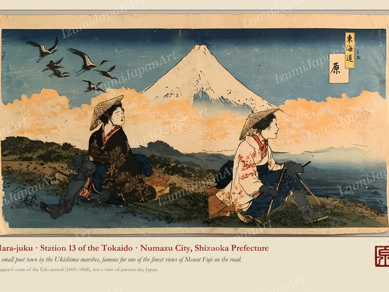 Puede incluir: Un grabado japon&eacute;s en madera que muestra a dos figuras con sombreros c&oacute;nicos y t&uacute;nicas tradicionales sentadas en una colina. Al fondo, el monte Fuji se alza sobre las nubes, con una bandada de p&aacute;jaros volando en el cielo azul y texto.