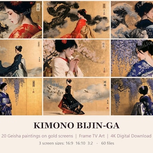 May include: A collection of digital art prints featuring geisha in traditional kimono against gold backgrounds. The images include motifs like dragons, waves, cherry blossoms, and wisteria. Text reads: KIMONO BIJIN-GA, 20 Geisha paintings on gold screens, Frame TV Art, 4K Digital Download, 3 screen sizes: 16:9 16:10 3:2 - 60 files.