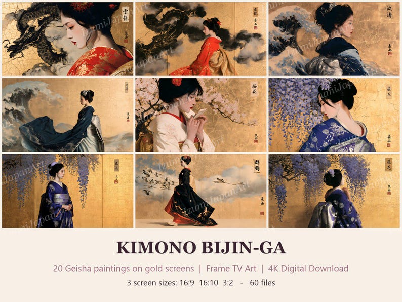 May include: A collection of digital art prints featuring geisha in traditional kimono against gold backgrounds. The images include motifs like dragons, waves, cherry blossoms, and wisteria. Text reads: KIMONO BIJIN-GA, 20 Geisha paintings on gold screens, Frame TV Art, 4K Digital Download, 3 screen sizes: 16:9 16:10 3:2 - 60 files.
