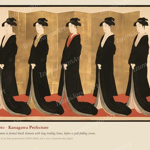 Puede incluir: Una impresi&oacute;n que muestra cinco figuras con kimonos negros formales de largas colas, de pie en fila frente a un biombo dorado. Las figuras tienen el cabello oscuro peinado en recogidos tradicionales. Se observa texto japon&eacute;s en la esquina superior derecha.