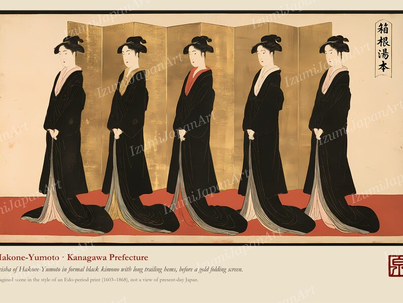 Puede incluir: Una impresi&oacute;n que muestra cinco figuras con kimonos negros formales de largas colas, de pie en fila frente a un biombo dorado. Las figuras tienen el cabello oscuro peinado en recogidos tradicionales. Se observa texto japon&eacute;s en la esquina superior derecha.