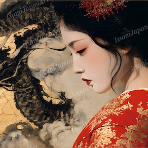May include: A digital art print featuring a profile view of a person with dark hair styled with red ornaments, wearing a vibrant red kimono with gold floral patterns. The background displays a black ink dragon on a textured gold leaf surface.