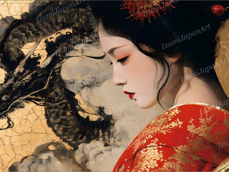 May include: A digital art print featuring a profile view of a person with dark hair styled with red ornaments, wearing a vibrant red kimono with gold floral patterns. The background displays a black ink dragon on a textured gold leaf surface.