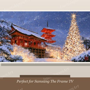 May include: A digital art print depicting a snowy winter scene at the Kiyomizu-dera temple in Kyoto, Japan. The image features a red pagoda and temple structure illuminated by a glowing, decorated Christmas tree under a dark, starry night sky.