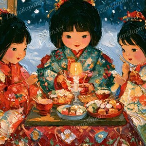 Puede incluir: Una pintura al &oacute;leo que representa a tres ni&ntilde;os con cabello oscuro peinado en recogidos tradicionales, vistiendo kimonos estampados coloridos. Est&aacute;n sentados alrededor de una mesa baja con una vela encendida, comiendo alimentos de cuencos.