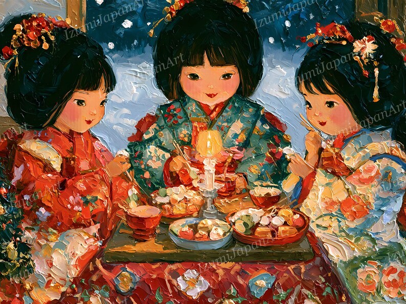 Puede incluir: Una pintura al &oacute;leo que representa a tres ni&ntilde;os con cabello oscuro peinado en recogidos tradicionales, vistiendo kimonos estampados coloridos. Est&aacute;n sentados alrededor de una mesa baja con una vela encendida, comiendo alimentos de cuencos.