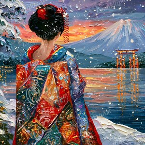 Puede incluir: Una pintura al &oacute;leo que representa a una persona con un kimono de patrones coloridos de pie en la nieve, frente a un lago con un torii rojo y una monta&ntilde;a nevada a lo lejos bajo un cielo de atardecer con nieve cayendo y un &aacute;rbol nevado.