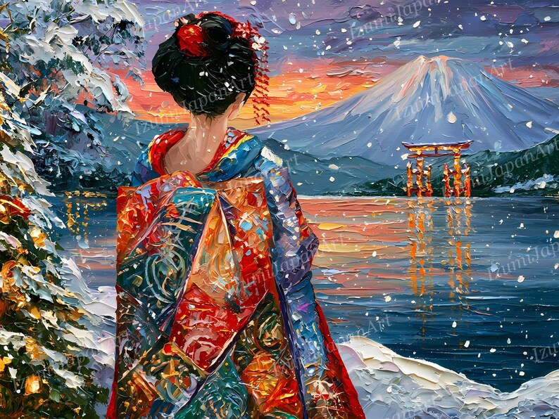 Puede incluir: Una pintura al &oacute;leo que representa a una persona con un kimono de patrones coloridos de pie en la nieve, frente a un lago con un torii rojo y una monta&ntilde;a nevada a lo lejos bajo un cielo de atardecer con nieve cayendo y un &aacute;rbol nevado.
