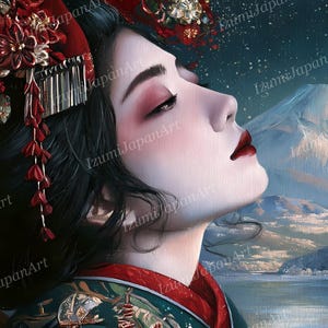 Puede incluir: Una pintura digital de una persona con cabello oscuro peinado en un elaborado recogido con adornos florales rojos y dorados. Viste una prenda con motivos en verde oscuro y rojo. El fondo muestra una monta&ntilde;a nevada y una puerta torii roja.