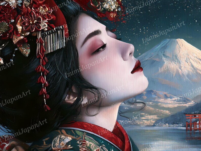 Puede incluir: Una pintura digital de una persona con cabello oscuro peinado en un elaborado recogido con adornos florales rojos y dorados. Viste una prenda con motivos en verde oscuro y rojo. El fondo muestra una monta&ntilde;a nevada y una puerta torii roja.