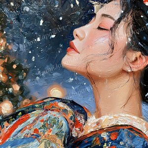 Puede incluir: Una pintura al &oacute;leo que representa a una persona de perfil con cabello oscuro y una prenda con estampado floral, sobre un fondo azul oscuro con nieve blanca cayendo y un &aacute;rbol iluminado en tonos dorados a la izquierda.