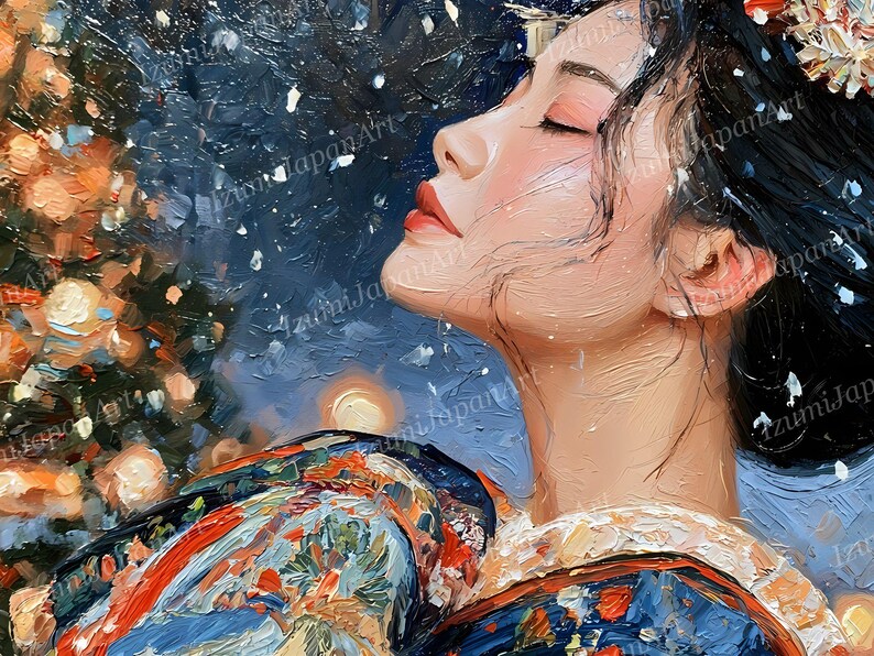 Puede incluir: Una pintura al &oacute;leo que representa a una persona de perfil con cabello oscuro y una prenda con estampado floral, sobre un fondo azul oscuro con nieve blanca cayendo y un &aacute;rbol iluminado en tonos dorados a la izquierda.
