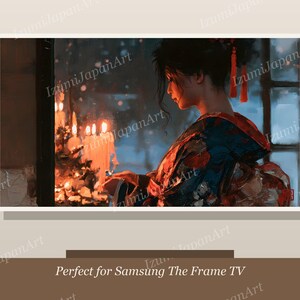 Puede incluir: Una impresi&oacute;n de arte digital que muestra a una persona con un kimono estampado en azul oscuro y rojo junto a una ventana. La escena est&aacute; iluminada por el brillo c&aacute;lido y parpadeante de varias velas, creando contraste con los tonos fr&iacute;os.