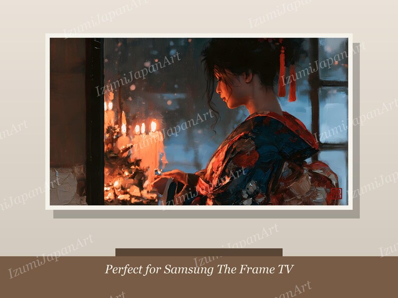Puede incluir: Una impresi&oacute;n de arte digital que muestra a una persona con un kimono estampado en azul oscuro y rojo junto a una ventana. La escena est&aacute; iluminada por el brillo c&aacute;lido y parpadeante de varias velas, creando contraste con los tonos fr&iacute;os.