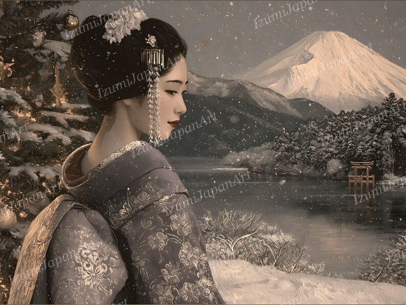 Peut inclure: Une illustration num&eacute;rique repr&eacute;sentant une personne aux cheveux noirs coiff&eacute;s en chignon avec des ornements floraux blancs et des &eacute;pingles &agrave; cheveux argent&eacute;es, portant un kimono gris fonc&eacute; &agrave; motifs floraux dor&eacute;s, devant un paysage enneig&eacute; et le mont Fuji.
