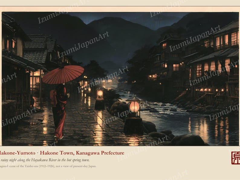 May include: A print depicting a rainy night in Hakone-Yumoto, Kanagawa Prefecture, featuring a person with a red umbrella walking along the Hayakawa River. The scene includes traditional buildings with glowing lights and stone paths at night.