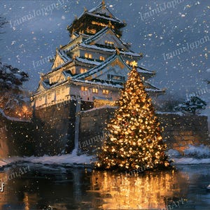 May include: A digital painting of Osaka Castle at night during a snowfall, featuring a large, brightly lit Christmas tree in the foreground. The castle is illuminated with warm yellow lights, and the text "大阪府 Osaka Prefecture" is visible in the bottom left corner.