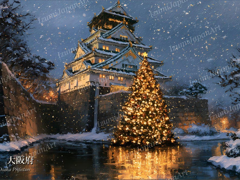 May include: A digital painting of Osaka Castle at night during a snowfall, featuring a large, brightly lit Christmas tree in the foreground. The castle is illuminated with warm yellow lights, and the text "大阪府 Osaka Prefecture" is visible in the bottom left corner.