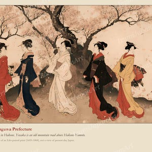 Puede incluir: Una impresi&oacute;n horizontal que representa a seis figuras con kimono tradicional caminando bajo cerezos en flor. Las figuras visten prendas rojas, azul oscuro, blancas, negras y amarillas. Texto japon&eacute;s es visible en un recuadro vertical arriba a la derecha.